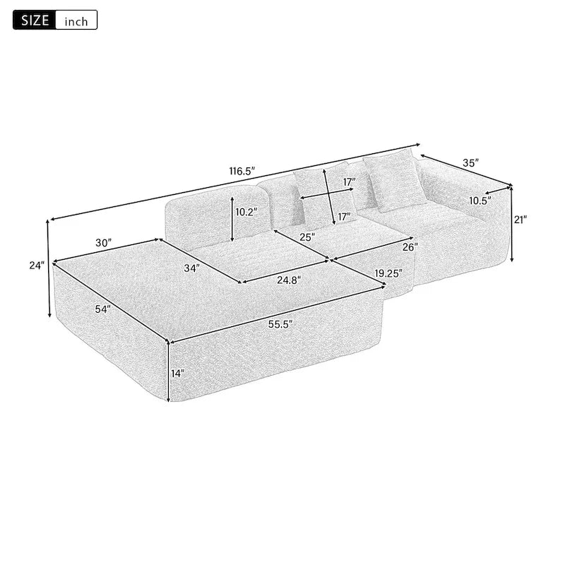 116.5 Sectional Sofa Full-compressed Sofa Couch Free-combined Sofa for Living Room, Grey