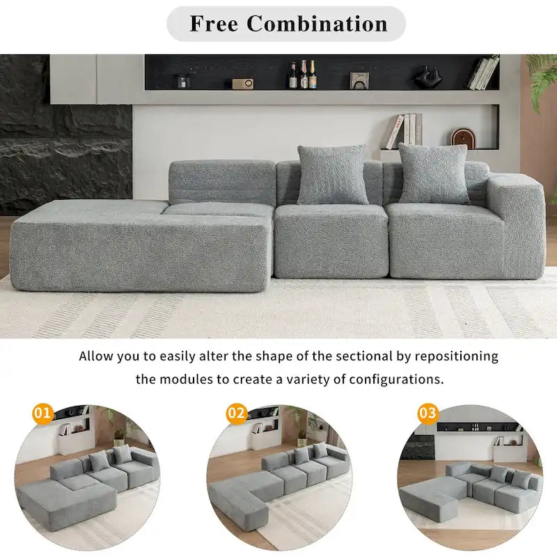 116.5 Sectional Sofa Full-compressed Sofa Couch Free-combined Sofa for Living Room, Grey