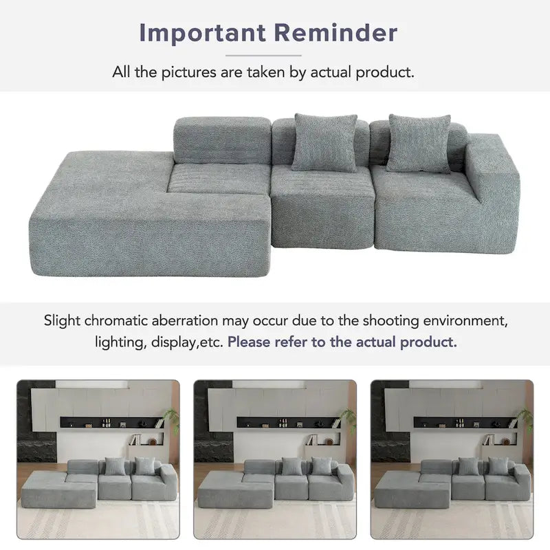 116.5 Sectional Sofa Full-compressed Sofa Couch Free-combined Sofa for Living Room, Grey