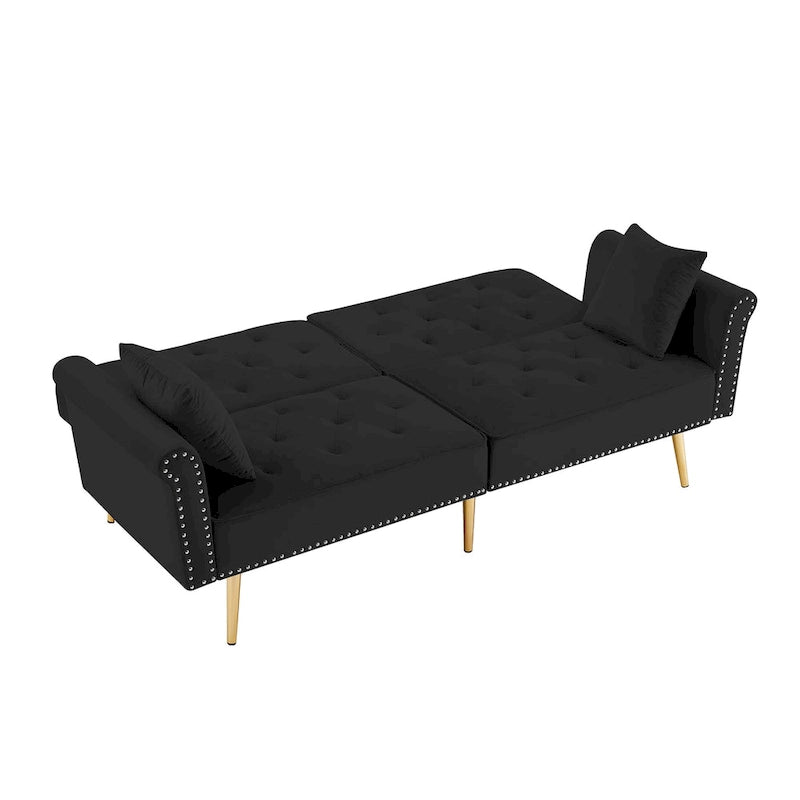 Velvet Tufted Sofa Couch with 2 Pillows and Nailhead Trim