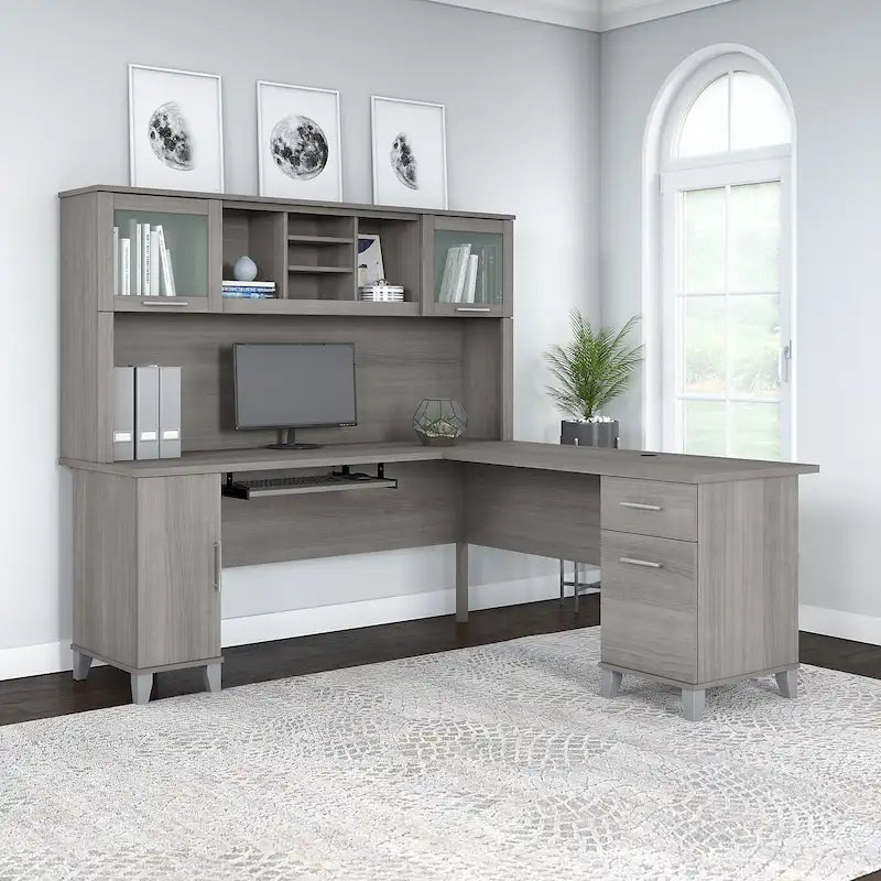 Bush Furniture Somerset 72W L Shaped Desk with Storage Hutch
