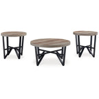 Hya 3pc Coffee and End Table Set, Brown Wood Round Top, Black Angular