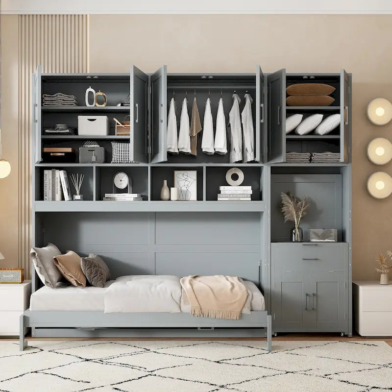 Twin Size Murphy Bed Wall Bed with Closet , Drawers & Desk