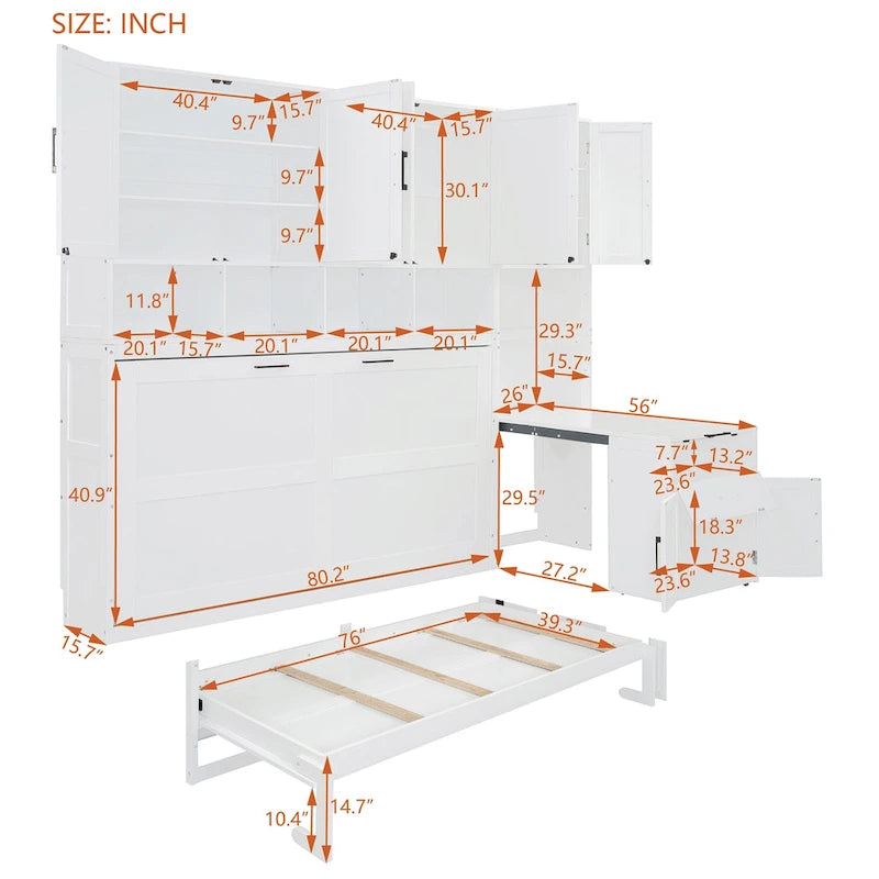 Twin Size Murphy Bed Wall Bed with Closet , Drawers & Desk