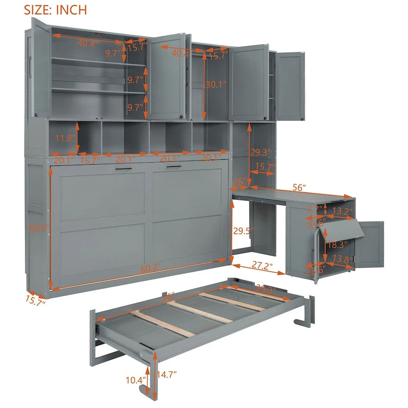 Twin Size Murphy Bed Wall Bed with Closet , Drawers & Desk