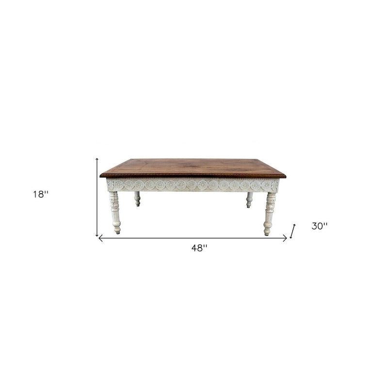 HomeRoots 48 Brown and Ivory Solid Wood Coffee Table - 48' X '18' X '30