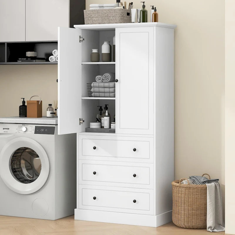 Freestanding Bathroom Storage Cabinet with Doors & 3 Large Drawers, Adjustable Shelves, Tall Linen Tower for Towels & Toiletries
