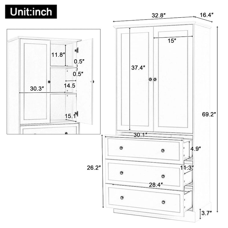 Freestanding Bathroom Storage Cabinet with Doors & 3 Large Drawers, Adjustable Shelves, Tall Linen Tower for Towels & Toiletries
