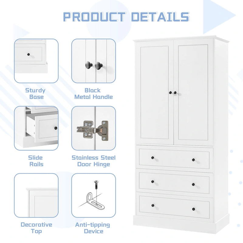 Freestanding Bathroom Storage Cabinet with Doors & 3 Large Drawers, Adjustable Shelves, Tall Linen Tower for Towels & Toiletries