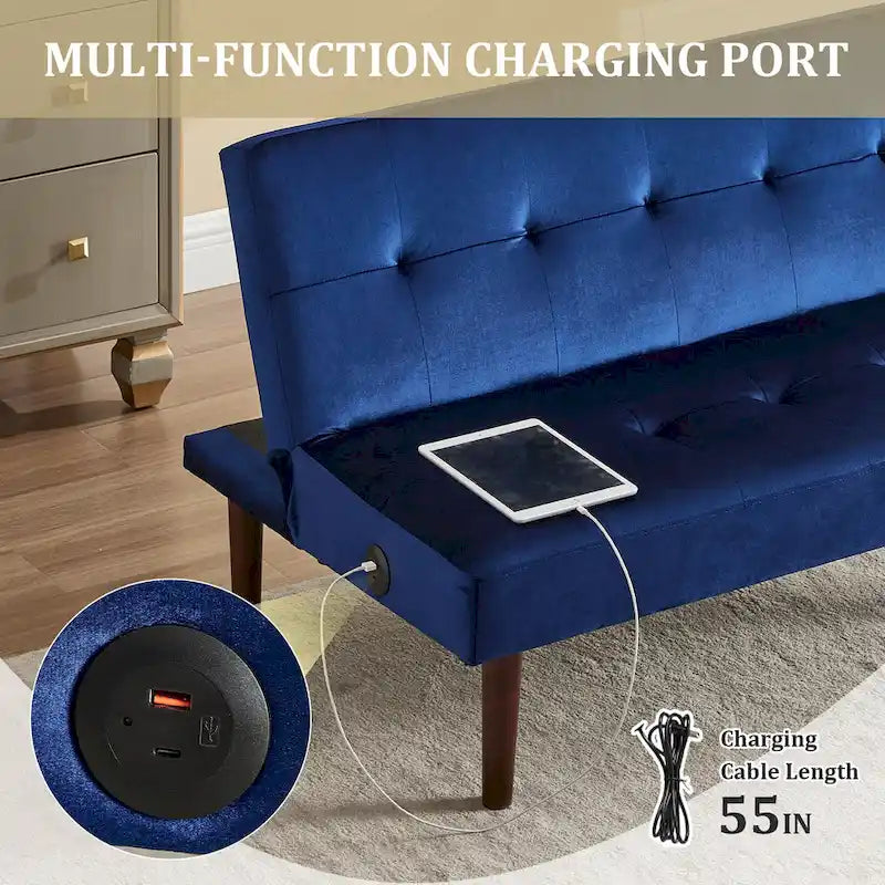 Mini Folding Futon Sofa Bed,45 Small Loveseat Couch with Adjustable Backrest & Charging Port, Modern Sleeper Recliner