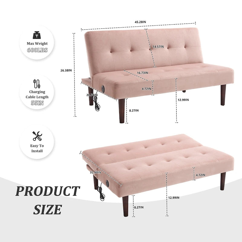 Mini Folding Futon Sofa Bed,45 Small Loveseat Couch with Adjustable Backrest & Charging Port, Modern Sleeper Recliner