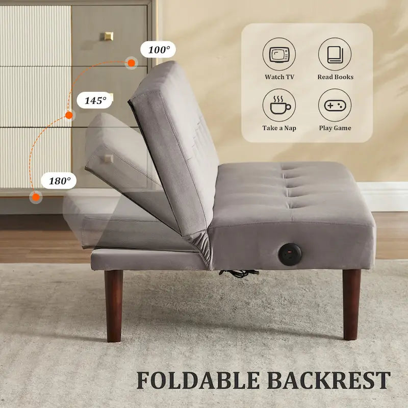 Mini Folding Futon Sofa Bed,45 Small Loveseat Couch with Adjustable Backrest & Charging Port, Modern Sleeper Recliner