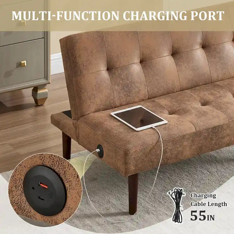 Mini Folding Futon Sofa Bed,45 Small Loveseat Couch with Adjustable Backrest & Charging Port, Modern Sleeper Recliner