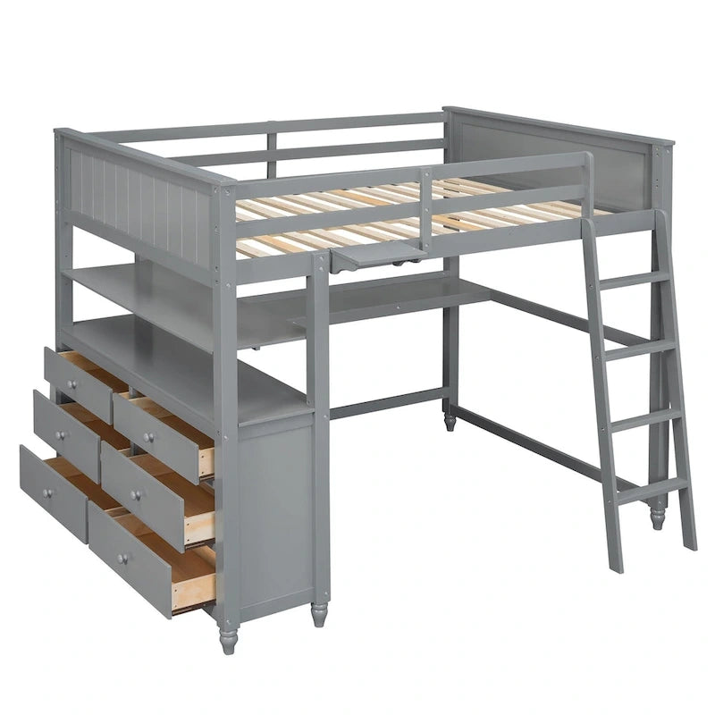 Full size Loft Bed with Drawers and Desk, Wooden Loft Bed with Shelves