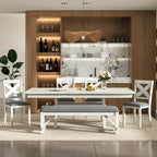 VECELO Dining Table Set with Bench, Solid Wood Rectangular Extendable Dining Table & 4 Solid Wood Dining Chairs