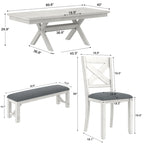 VECELO Dining Table Set with Bench, Solid Wood Rectangular Extendable Dining Table & 4 Solid Wood Dining Chairs