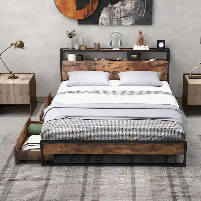 Costway Full/Queen Industrial Platform Bed Frame with Drawer Storage