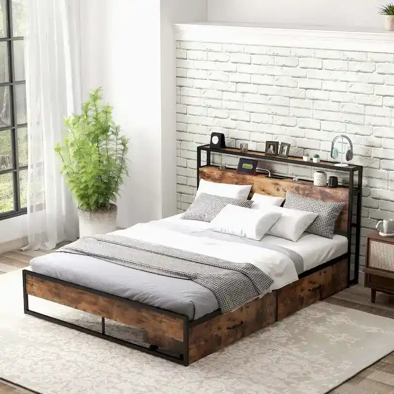 Costway Full/Queen Industrial Platform Bed Frame with Drawer Storage