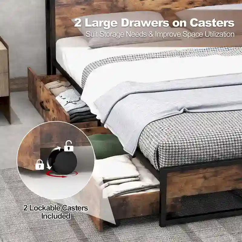 Costway Full/Queen Industrial Platform Bed Frame with Drawer Storage