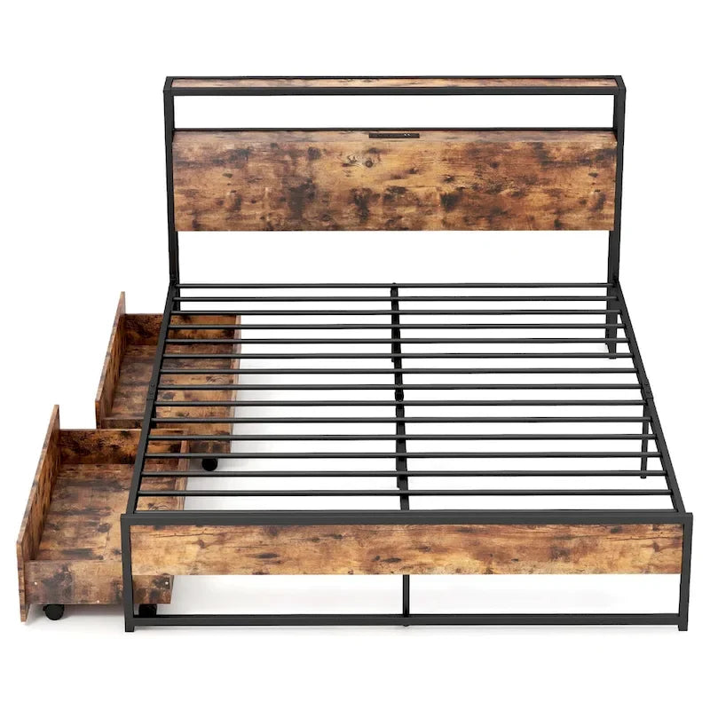 Costway Full/Queen Industrial Platform Bed Frame with Drawer Storage