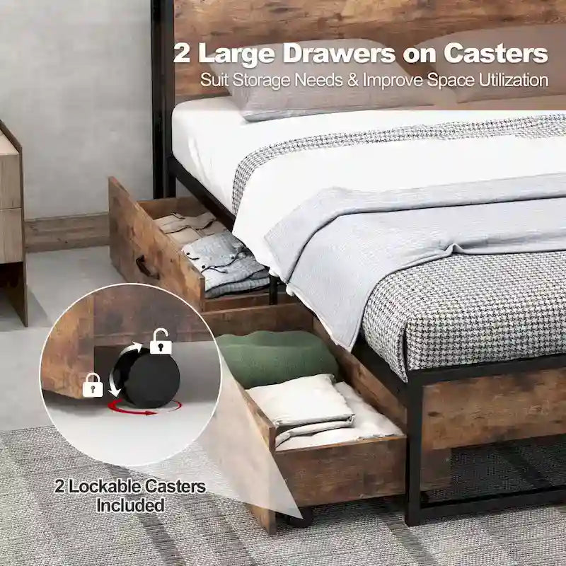 Costway Full/Queen Industrial Platform Bed Frame with Drawer Storage
