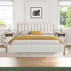 3-Pieces Bedroom Sets ,Bed Frame with Boucle Upholstered Thick Headboard, Solid Wooden Legs,Nightstands Set of 2 with Barn Door