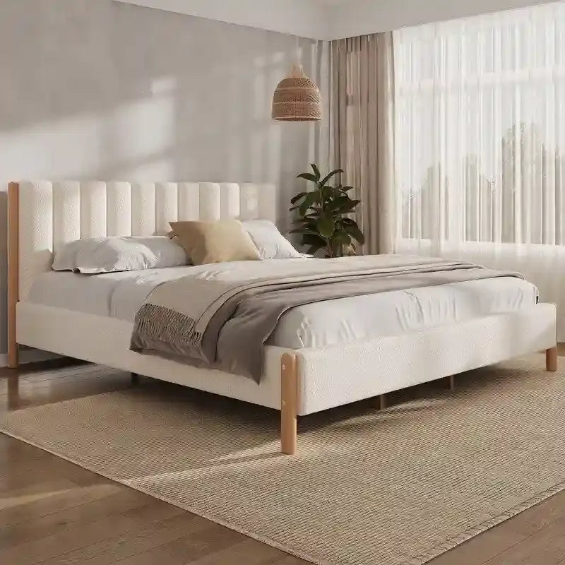 3-Pieces Bedroom Sets ,Bed Frame with Boucle Upholstered Thick Headboard, Solid Wooden Legs,Nightstands Set of 2 with Barn Door