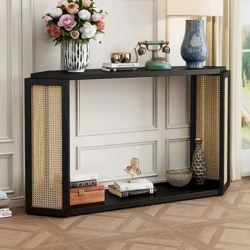 Model Narrow Entryway Table,Irregular Top with Rattan for Living Room