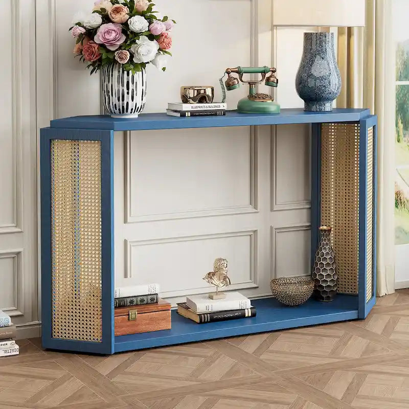 Model Narrow Entryway Table,Irregular Top with Rattan for Living Room