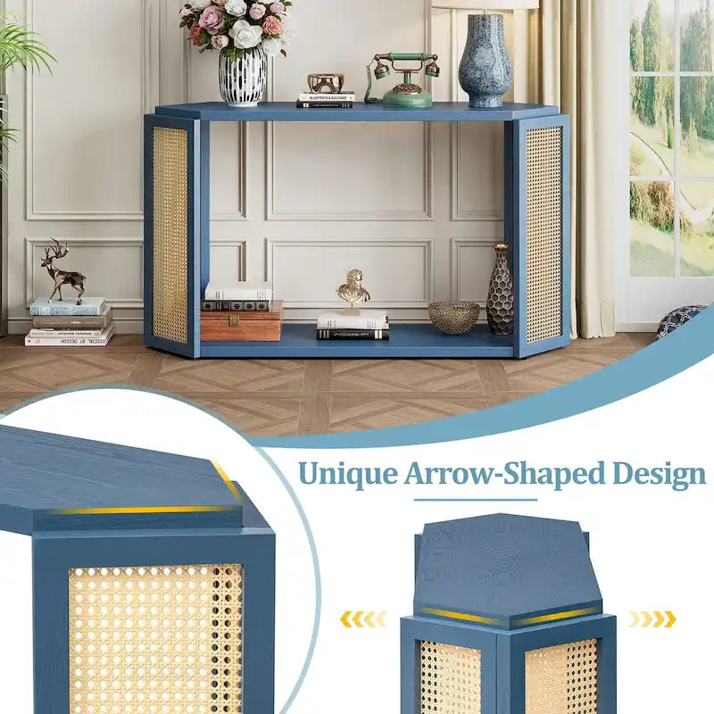 Model Narrow Entryway Table,Irregular Top with Rattan for Living Room