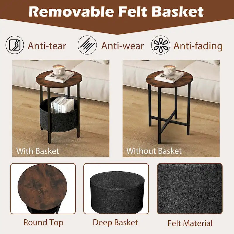 Costway 1/2 PCS Round End Table with Felt Storage Basket Sturdy Metal
