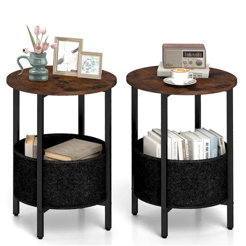 Costway 1/2 PCS Round End Table with Felt Storage Basket Sturdy Metal