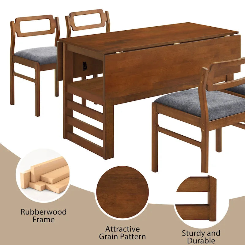 Extendable Wood Dining Table and Chairs Set Mid-Century Modern Dining Table and Chairs Set with 2 Drop Leaves and Storage Shelf