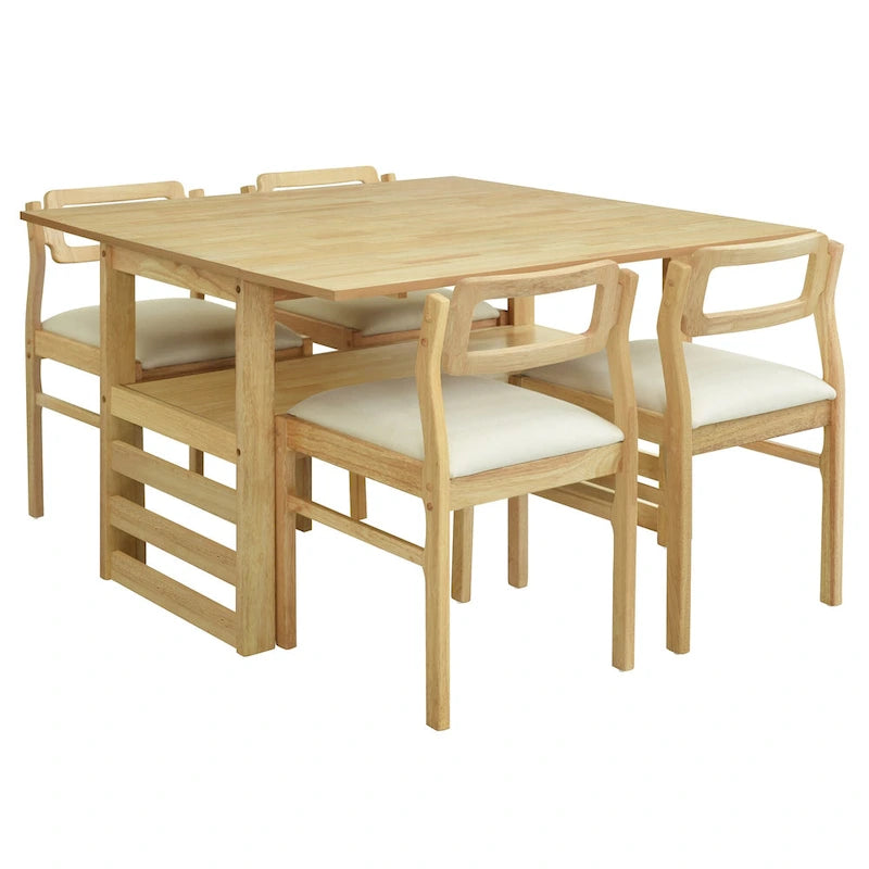Extendable Wood Dining Table and Chairs Set Mid-Century Modern Dining Table and Chairs Set with 2 Drop Leaves and Storage Shelf