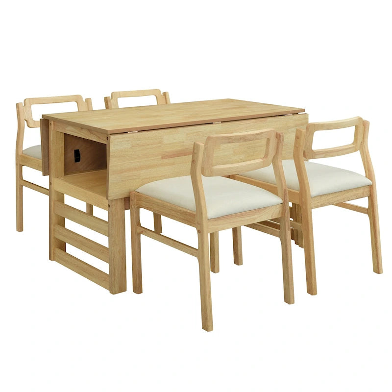Extendable Wood Dining Table and Chairs Set Mid-Century Modern Dining Table and Chairs Set with 2 Drop Leaves and Storage Shelf