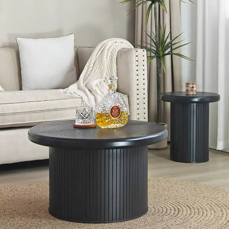 Modern Round Coffee Table Set Double Table Combination Coffee Table with Fluted Table Leg, for Living Room