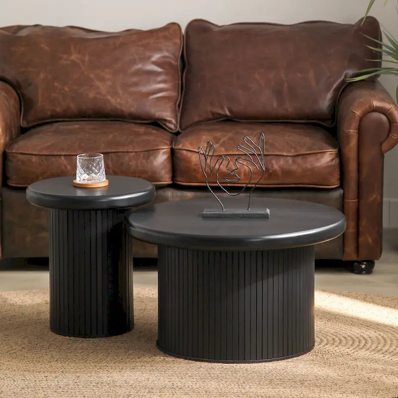 Modern Round Coffee Table Set Double Table Combination Coffee Table with Fluted Table Leg, for Living Room