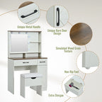Vanity Desk with Mirror and Lights, Dressing Table with Adjustable Shelves and Drawer, Makeup Table with Side Cabinet