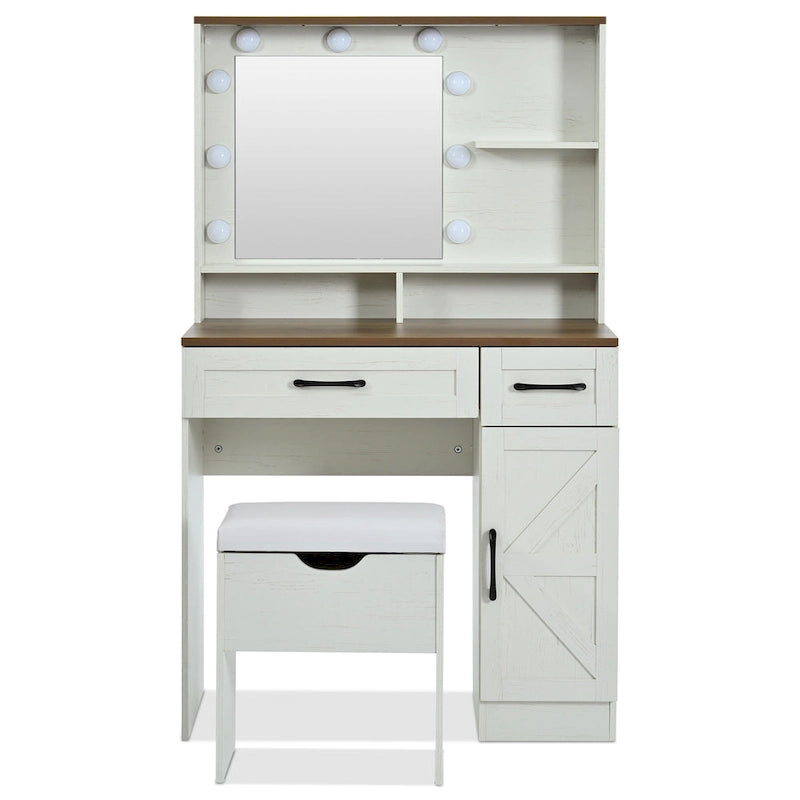 Vanity Desk with Mirror and Lights, Dressing Table with Adjustable Shelves and Drawer, Makeup Table with Side Cabinet