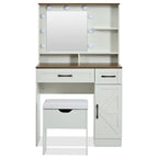 Vanity Desk with Mirror and Lights, Dressing Table with Adjustable Shelves and Drawer, Makeup Table with Side Cabinet