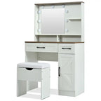 Vanity Desk with Mirror and Lights, Dressing Table with Adjustable Shelves and Drawer, Makeup Table with Side Cabinet