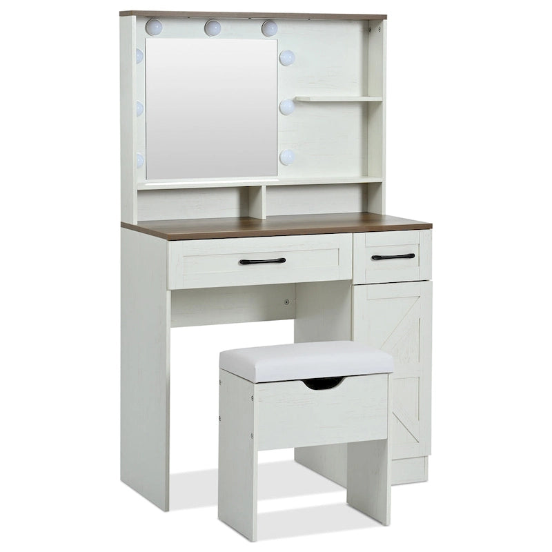 Vanity Desk with Mirror and Lights, Dressing Table with Adjustable Shelves and Drawer, Makeup Table with Side Cabinet