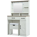 Vanity Desk with Mirror and Lights, Dressing Table with Adjustable Shelves and Drawer, Makeup Table with Side Cabinet