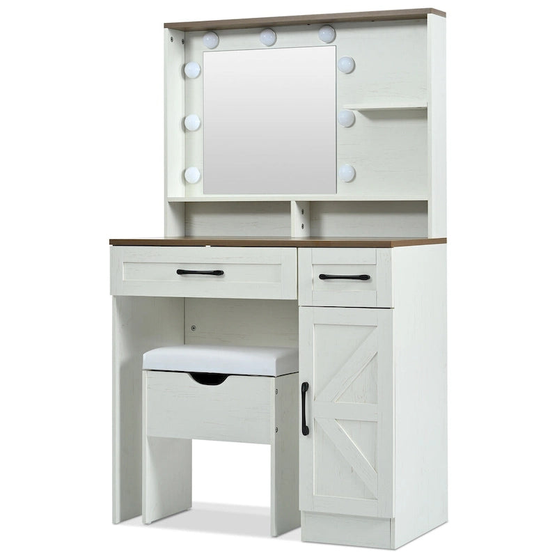 Vanity Desk with Mirror and Lights, Dressing Table with Adjustable Shelves and Drawer, Makeup Table with Side Cabinet