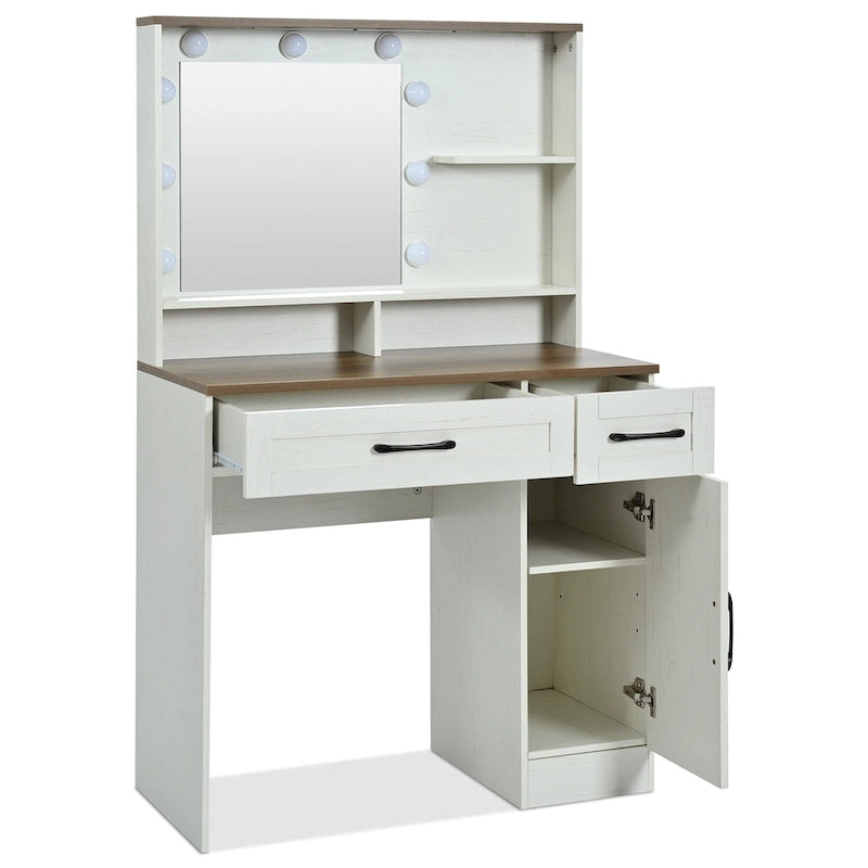 Vanity Desk with Mirror and Lights, Dressing Table with Adjustable Shelves and Drawer, Makeup Table with Side Cabinet