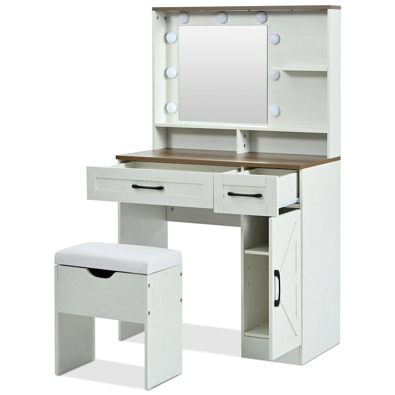 Vanity Desk with Mirror and Lights, Dressing Table with Adjustable Shelves and Drawer, Makeup Table with Side Cabinet