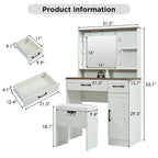 Vanity Desk with Mirror and Lights, Dressing Table with Adjustable Shelves and Drawer, Makeup Table with Side Cabinet