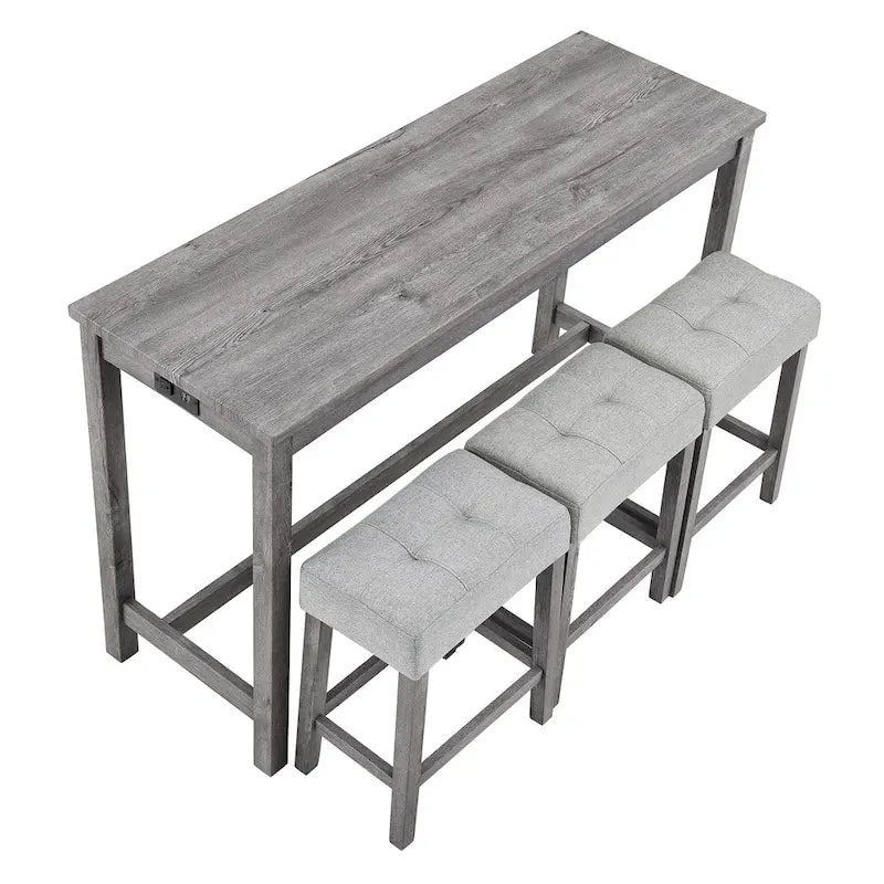 Bar Dining Table Set and 3 Bar Stools with Power Outlet Kitchen Breakfast Nook Wooden Dining Table Chairs Sets