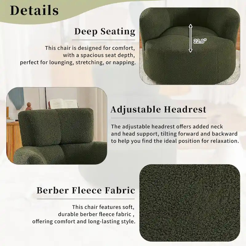 360 Swivel Chair, Upholstered Barrel Chair with Adjustable Headrest Modern Swivel Round Sofa Chair for Living Room