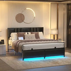 Upholstered Bed Frame with Height Adjustable Headboard,with RGB LED Light and Charging Hub